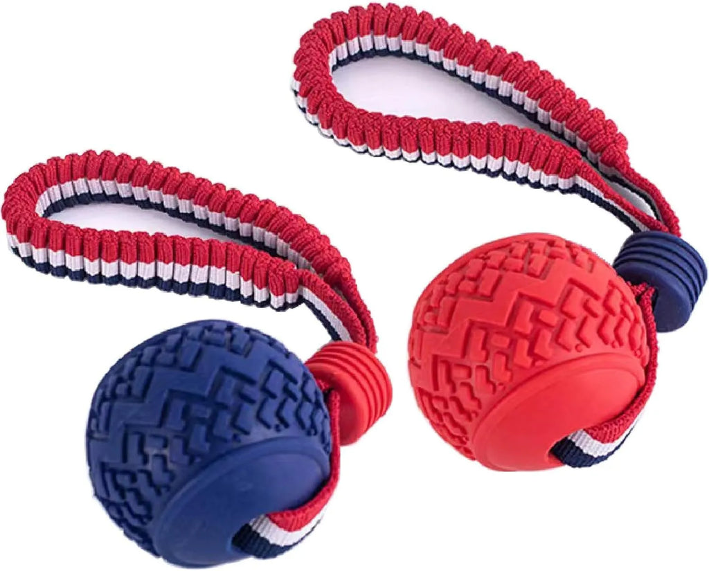 Blue dog ball with rope toy showing natural rubber ball and rope handle for medium and small dogs