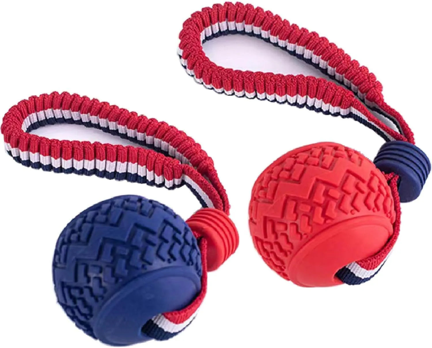 Blue dog ball with rope toy showing natural rubber ball and rope handle for medium and small dogs