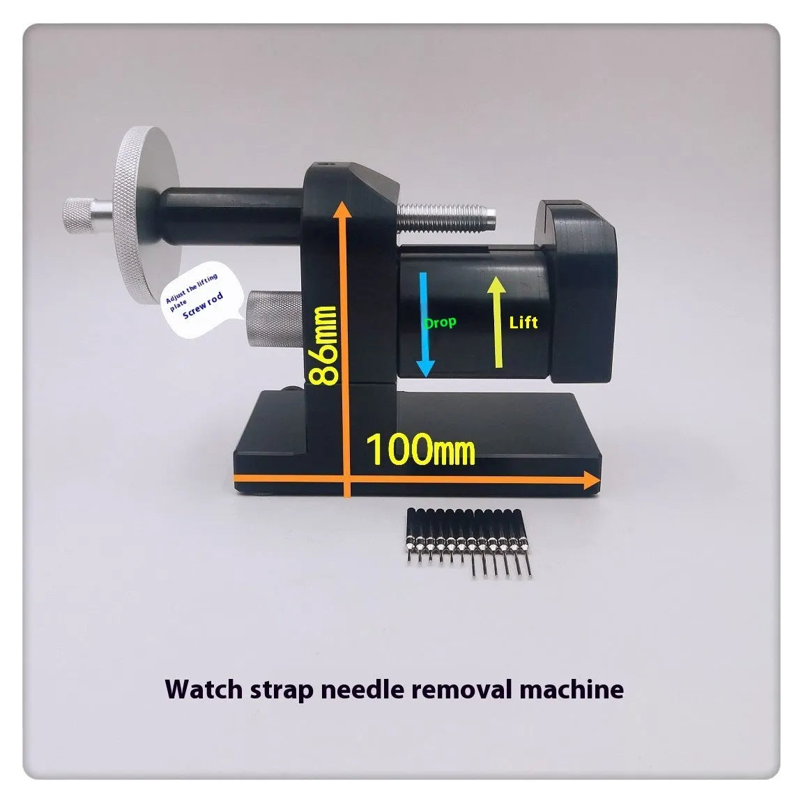 Steel alloy watch strap removal tool with spring mechanism on a work surface