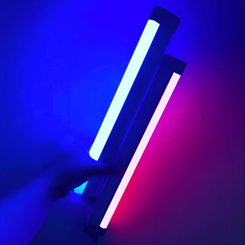 Blue and purple rechargeable LED tube lights in 17cm, 32cm, and 52cm lengths with dimmable control.