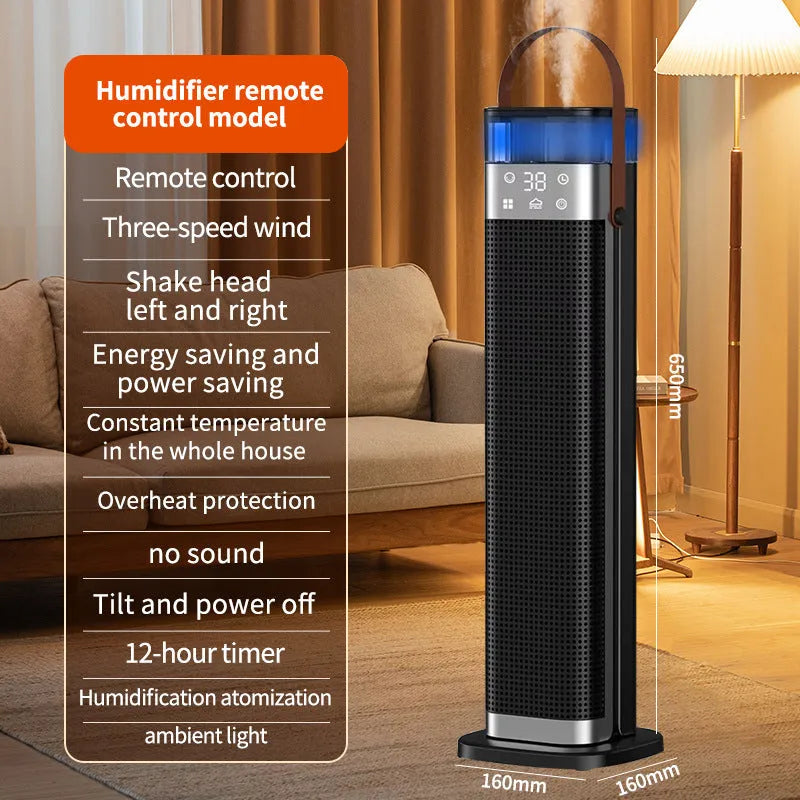 Vertical humidifying heater with remote control on a wooden floor.