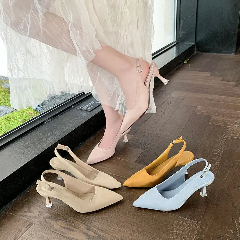 Women's suede stiletto high heels in pointed toe design showing apricot pink blue yellow colour options