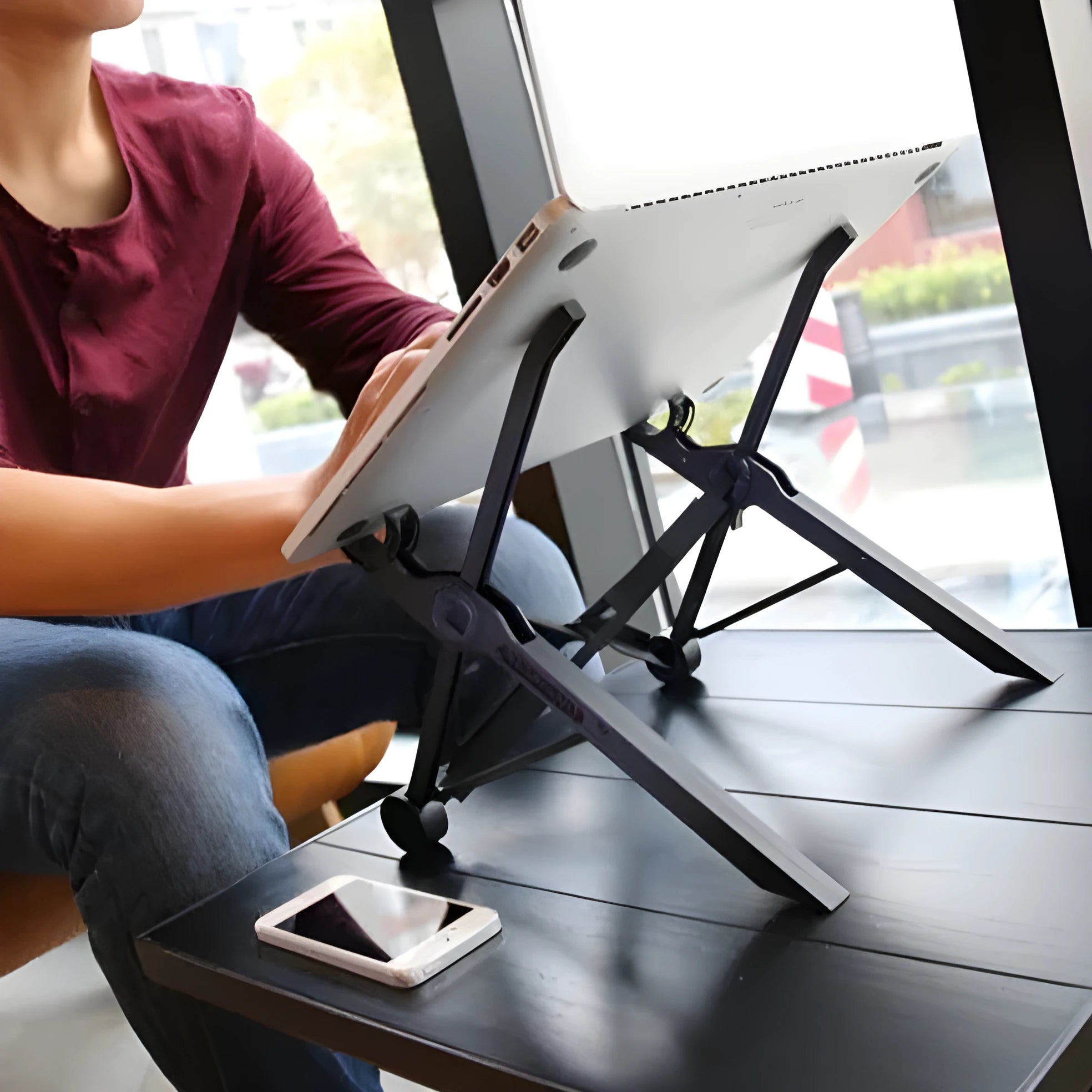 Portable folding computer bracket in sagacious black with carrying case