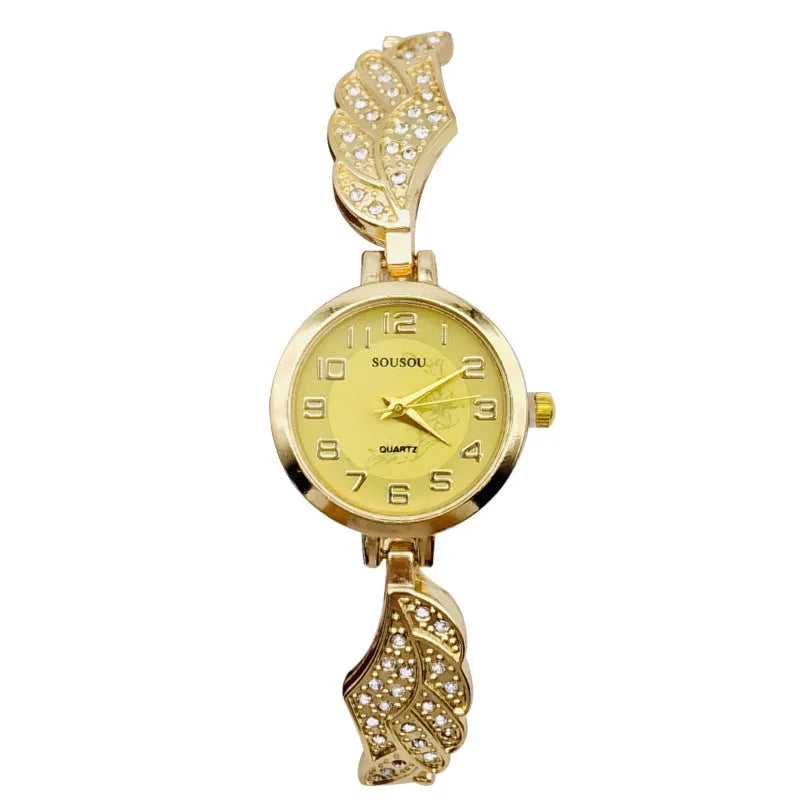 Women's stainless steel watch with round dial showing gold surface, 9mm thickness, and vachette clasp buckle