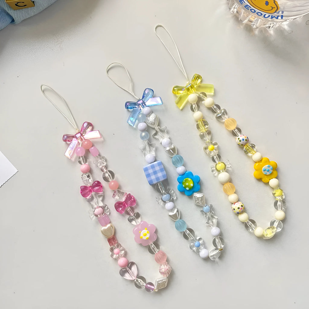 Floral beaded mobile phone lanyard hand rope in yellow, blue, or pink colour options