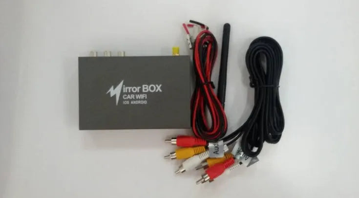 Black car mirror link box Wi-Fi converter with power cable, antenna, AV cable and user manual