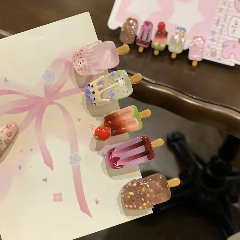 Resin hair barrette with cartoon ice cream charm in pastel colour