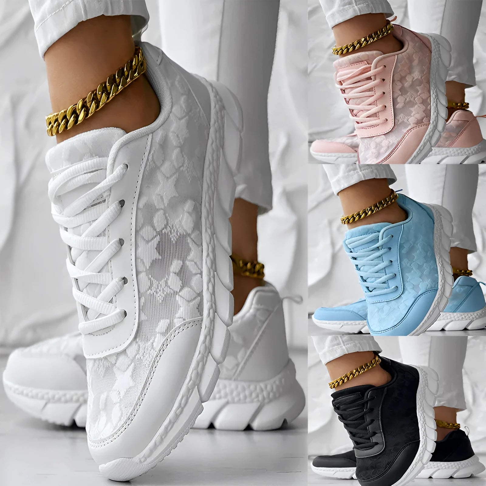 Women's white canvas sports shoes with flat heel and round toe on a plain background.