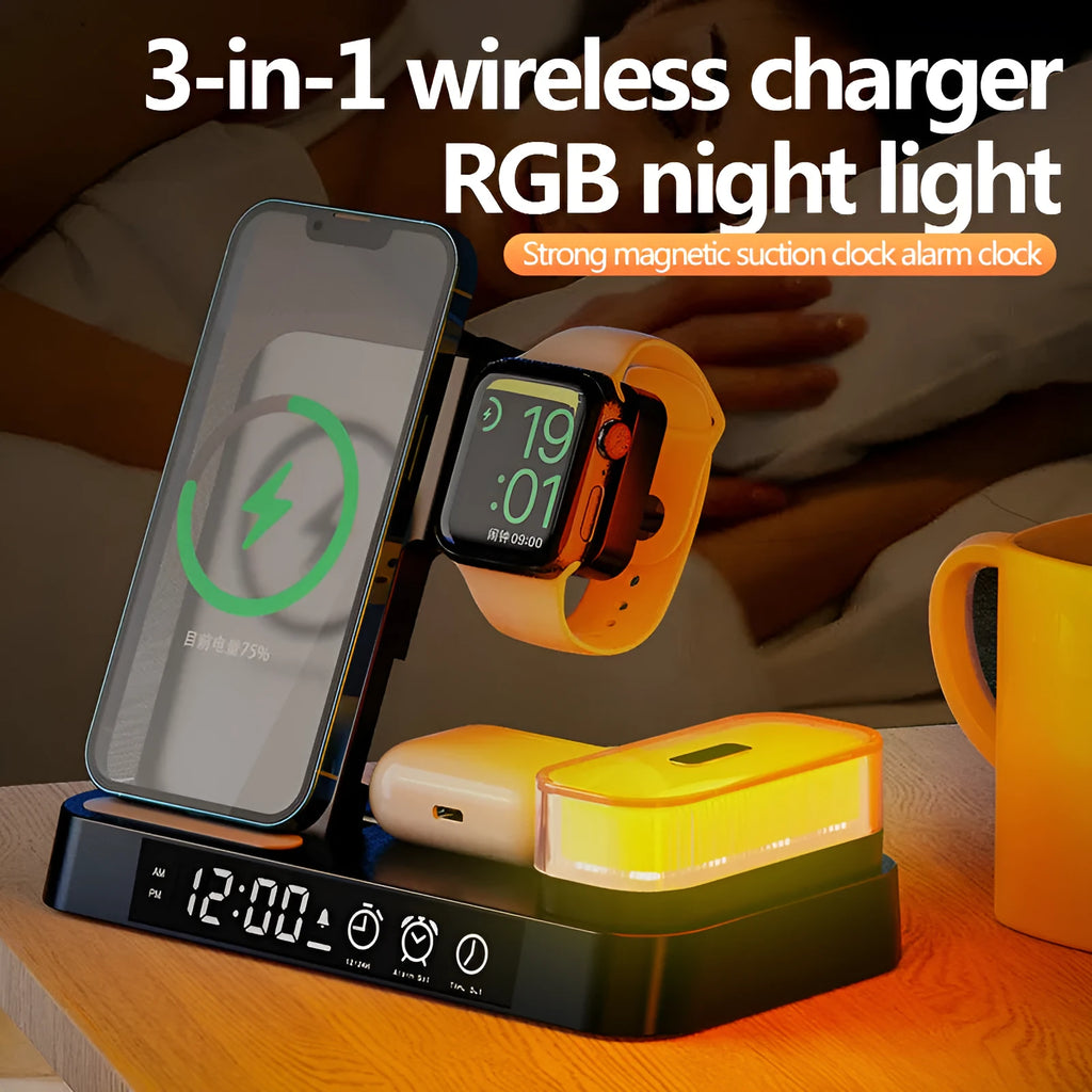 White 4-in-1 wireless charging station with foldable phone stand, alarm clock display, and RGB night light