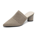 Women's pointed toe sandals with a toe cap and a chunky 5cm high heel in a fabric upper.