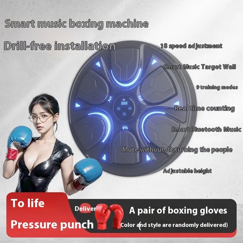 Black intelligent music boxing machine wall target with reaction system and included gloves