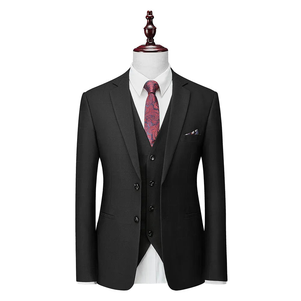 Men's navy blue three-piece business casual suit with slim fit plaid design showing jacket, vest and trousers