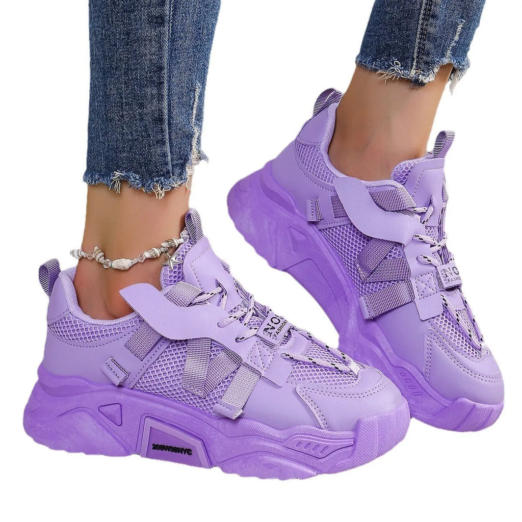 Women's purple platform mesh sports shoes with lace-up front and breathable construction