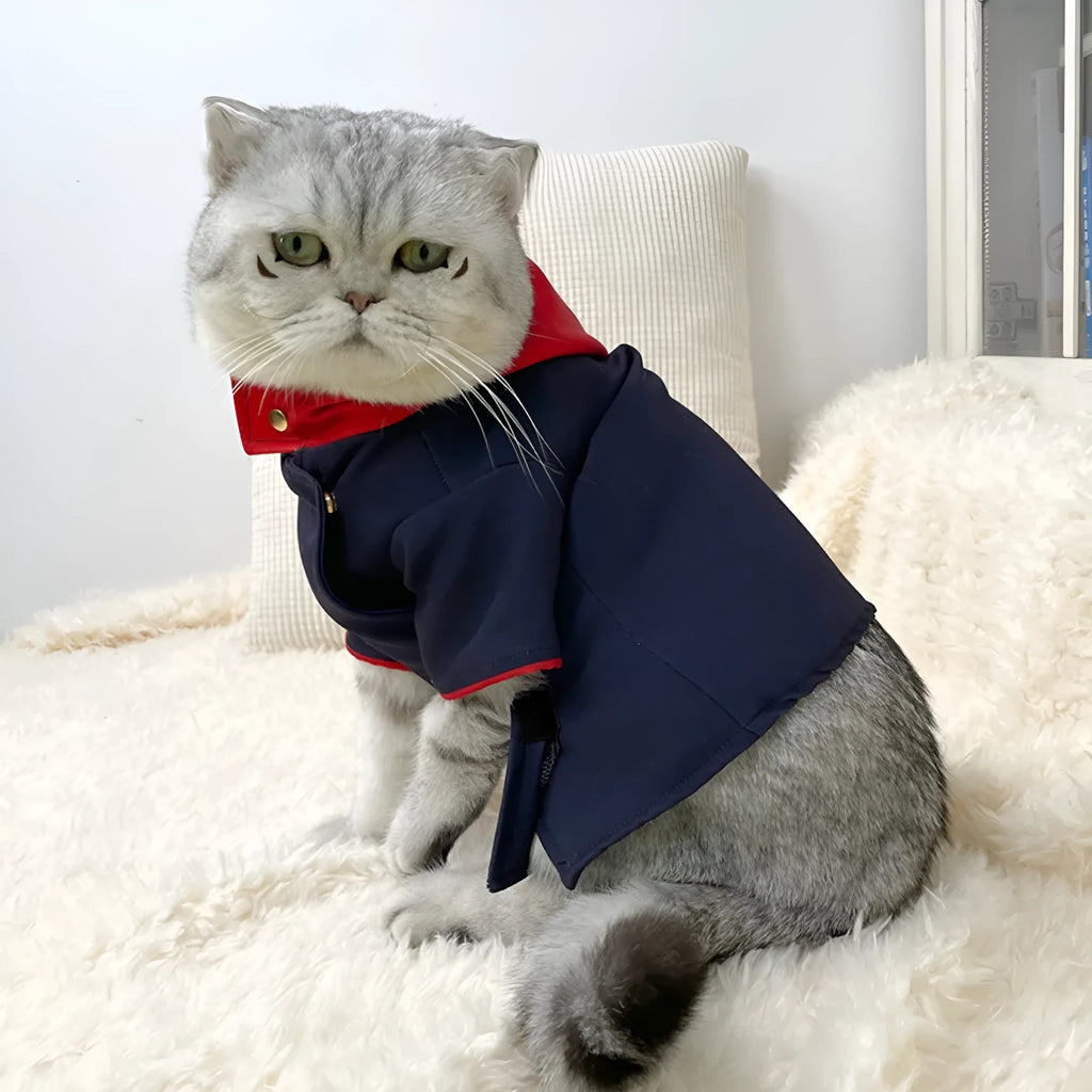 Tiger Staff Yuren patterned hoodie for dogs and cats as a photo prop, shown in small and medium sizes.