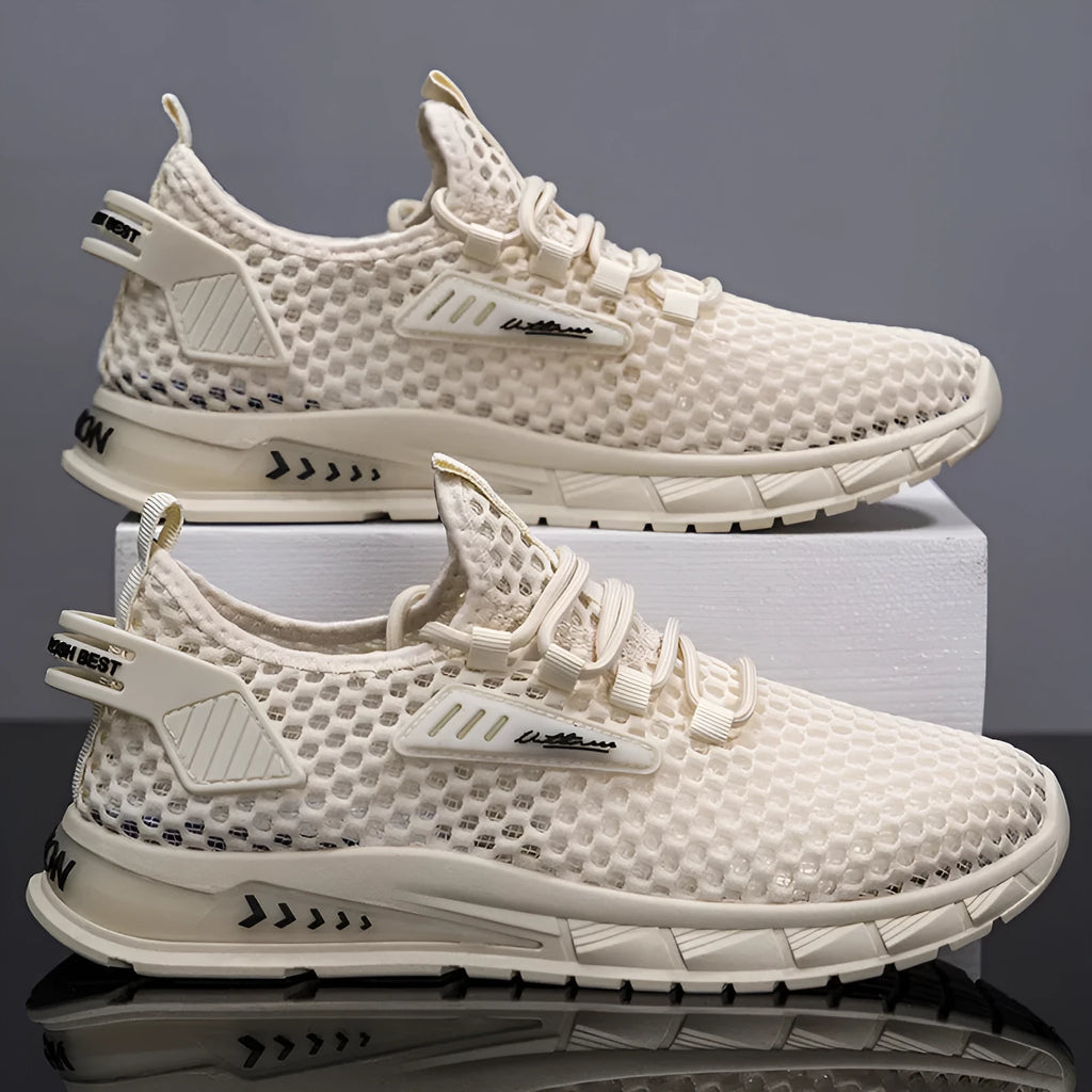 Men's beige mesh and synthetic leather sneakers with white EVA sole and lace-up front.