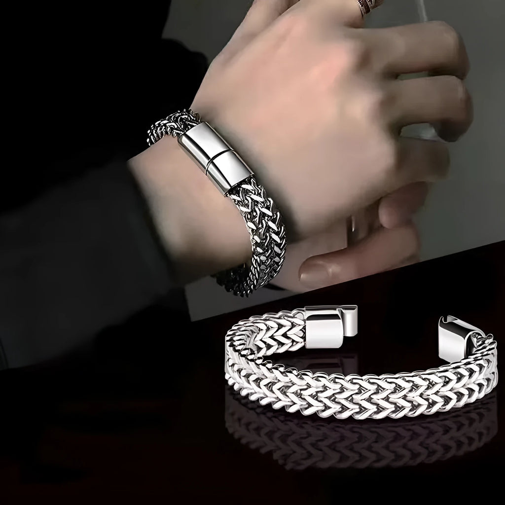 Silver stainless steel geometric hip hop bracelet showing front and back matching design