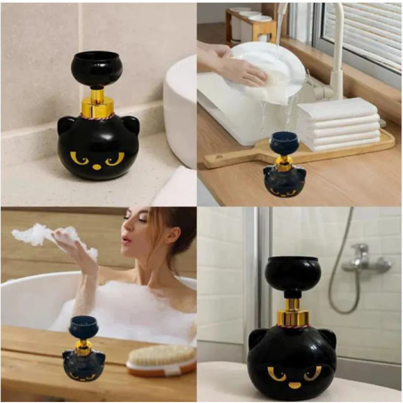Black cartoon cat shaped plastic foam soap dispenser measuring 10x10x18cm