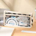 Transparent chessboard pattern PVC pencil case showing pens inside, black and white grid design