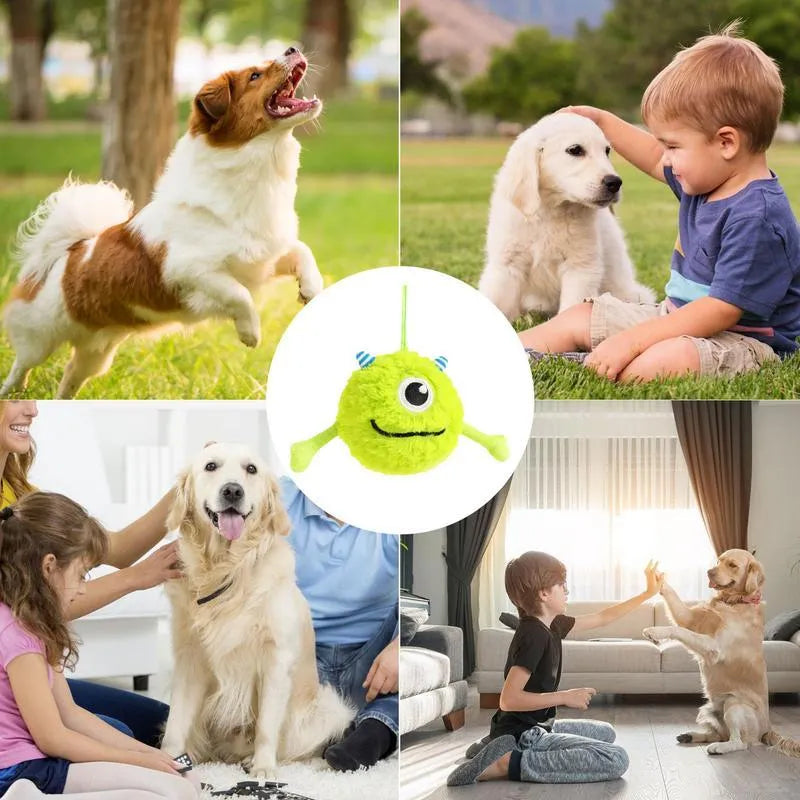 Green plush and TPR dog toy ball for interactive teething and play.