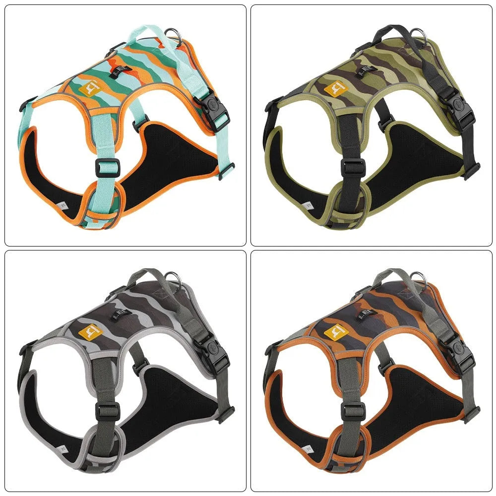Reflective dog harness with hand holding rope in orange Oxford fabric