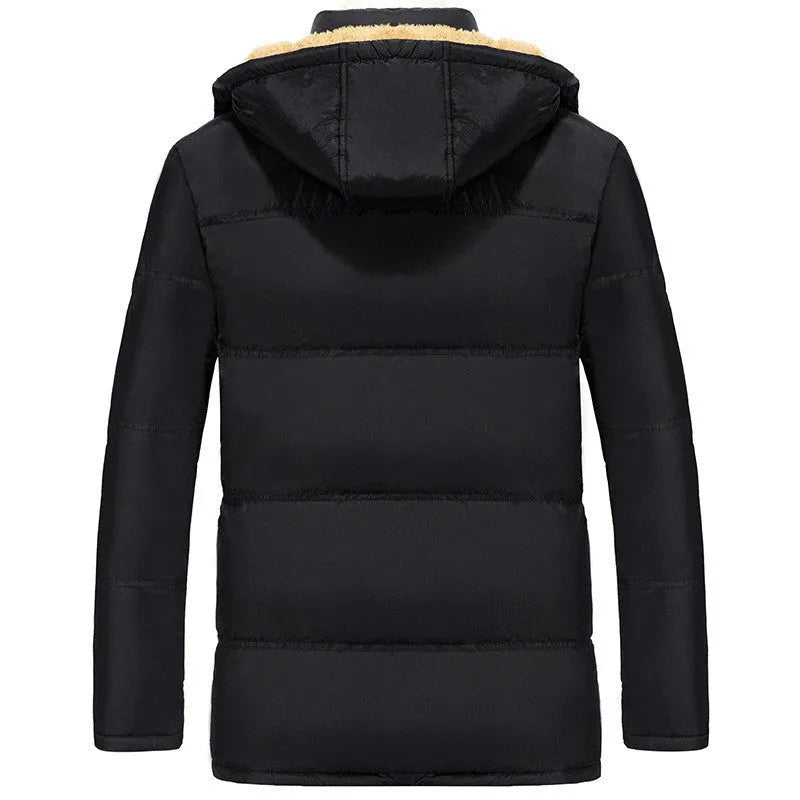 Men's black hooded winter jacket with velvet padding and double-breasted design