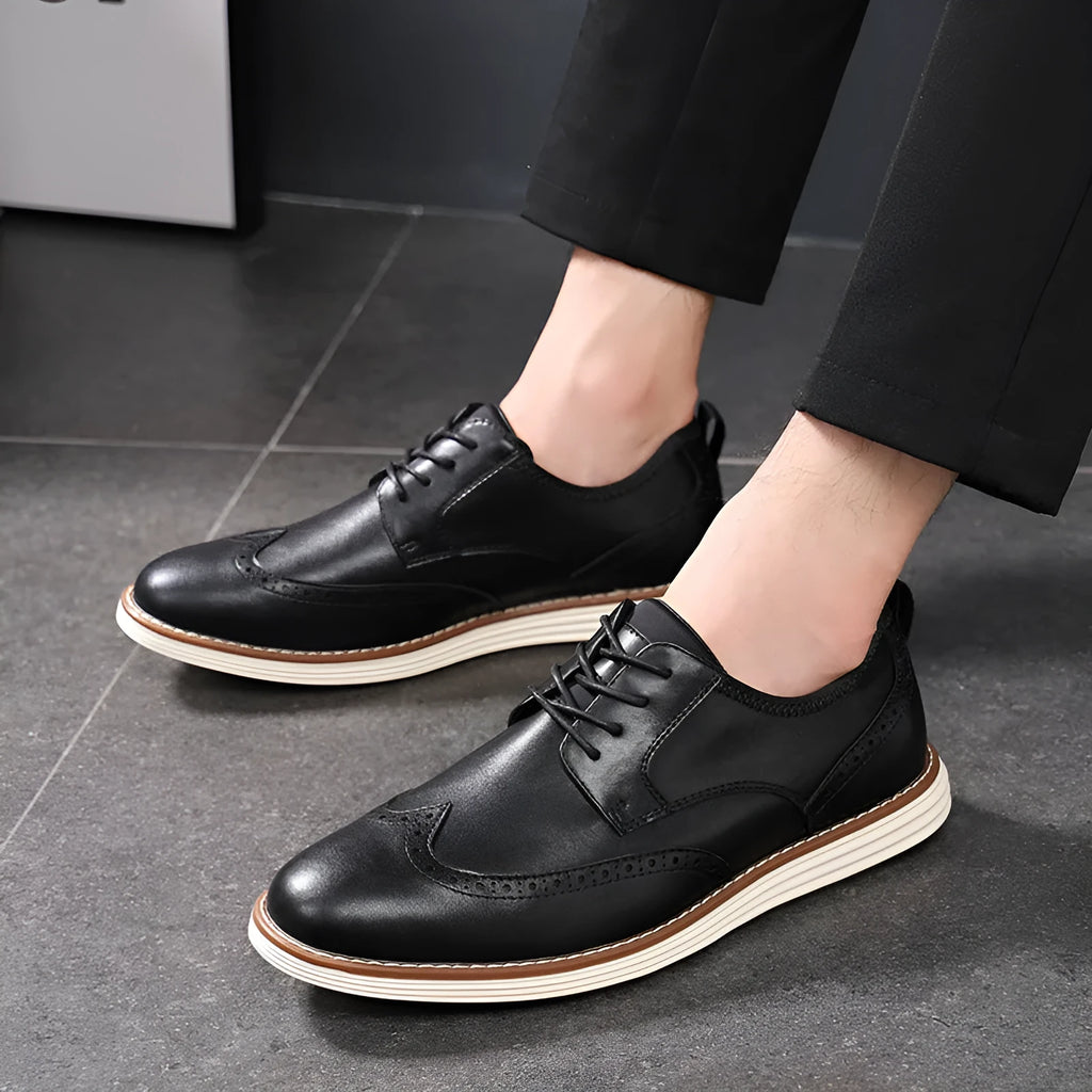Men's black slip-on business casual shoes with round toe and low-top PU upper