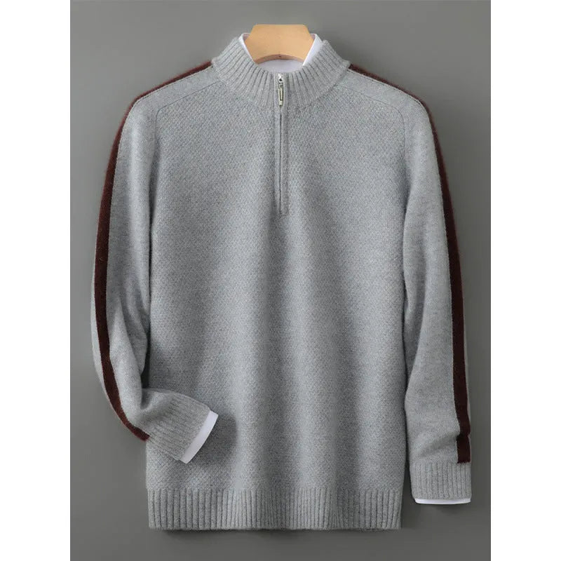Men's slim fit half-zip wool pullover sweater in raw velvet camel colour showing front detail