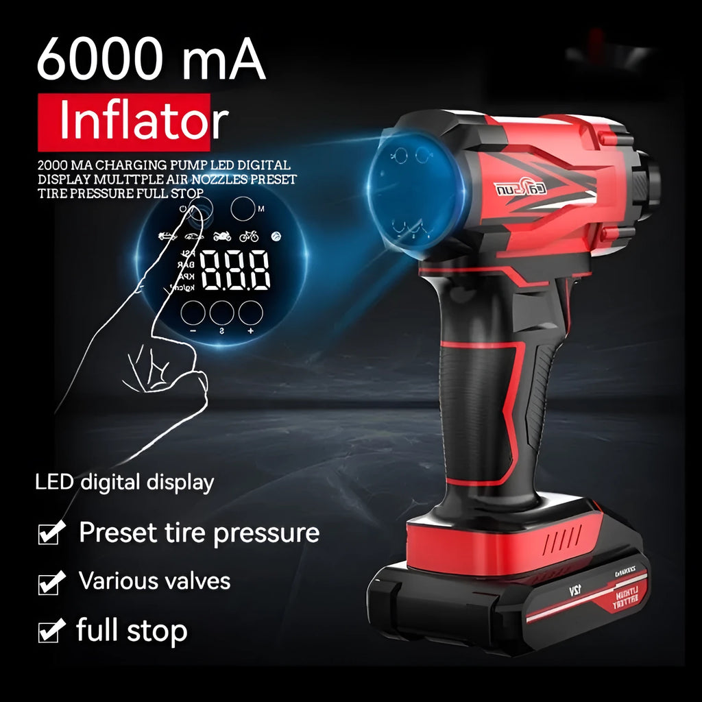 Red and black portable car air pump with digital display, power cable, and multiple nozzle attachments