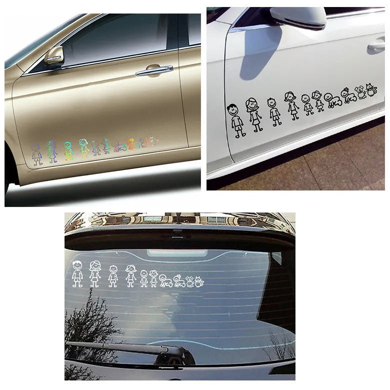 Big family cartoon car sticker, PET decal, 38.3cm by 29.5cm, in black white or laser