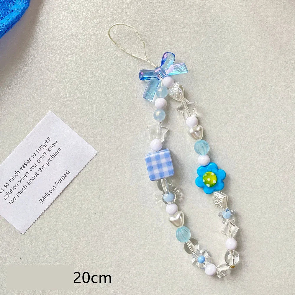 Floral beaded mobile phone lanyard hand rope in yellow, blue, or pink colour options