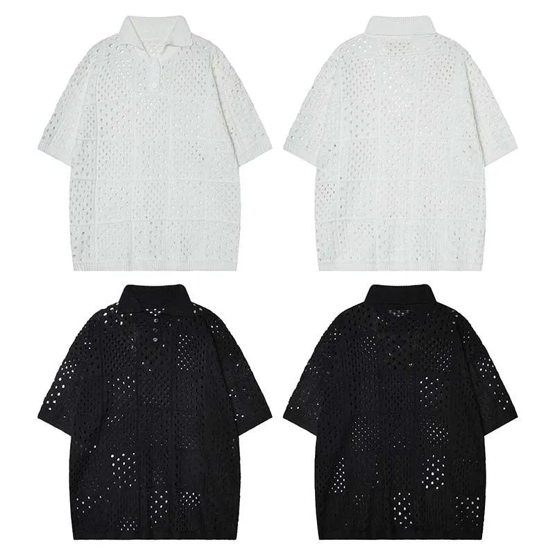 Black and white short-sleeved polo shirt with a hollow knit and loose cardigan style for teenagers.