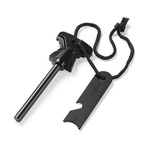 Butterfly-shaped stainless steel fire starter tool with ferrocerium rod and integrated bottle opener.
