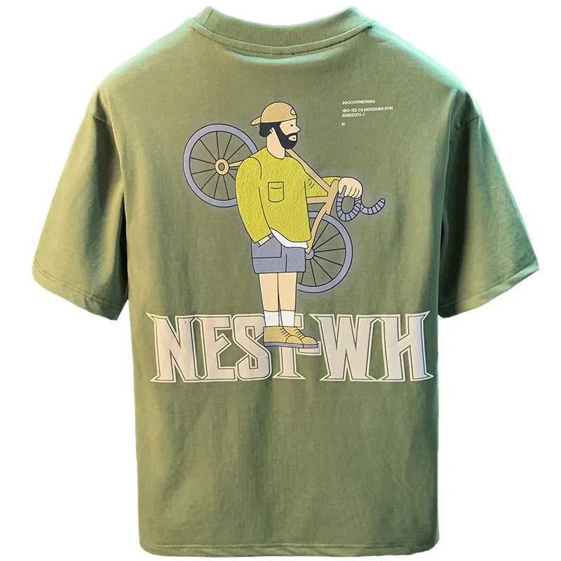 Green loose fit men's t-shirt with trendy printed design on short sleeves.