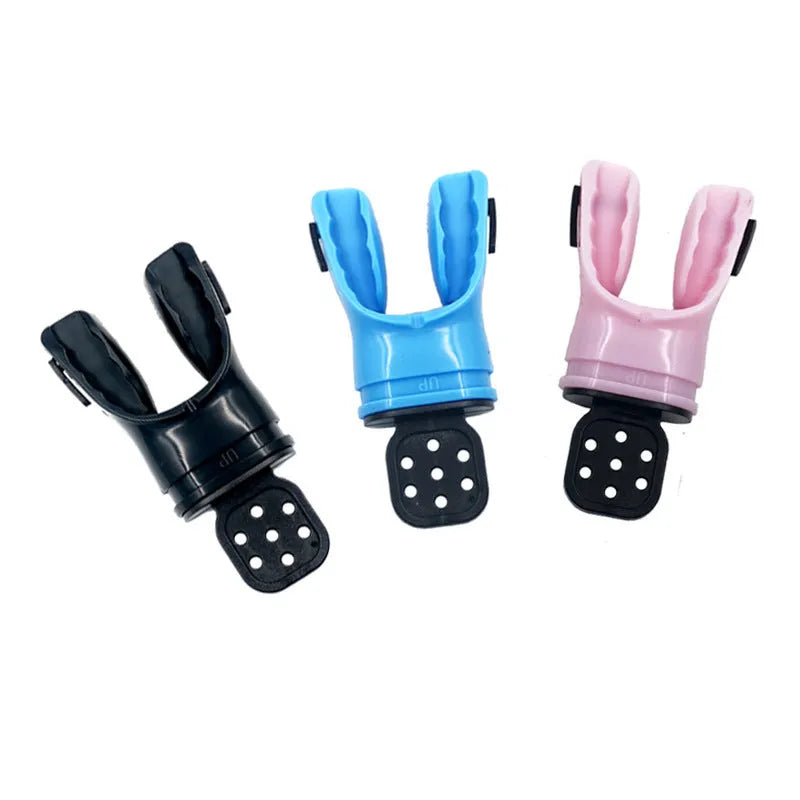 A plastic free edible silicone diving mouthpiece in various colours including black, blue, and pink, showing the 110mm length and bite piece.