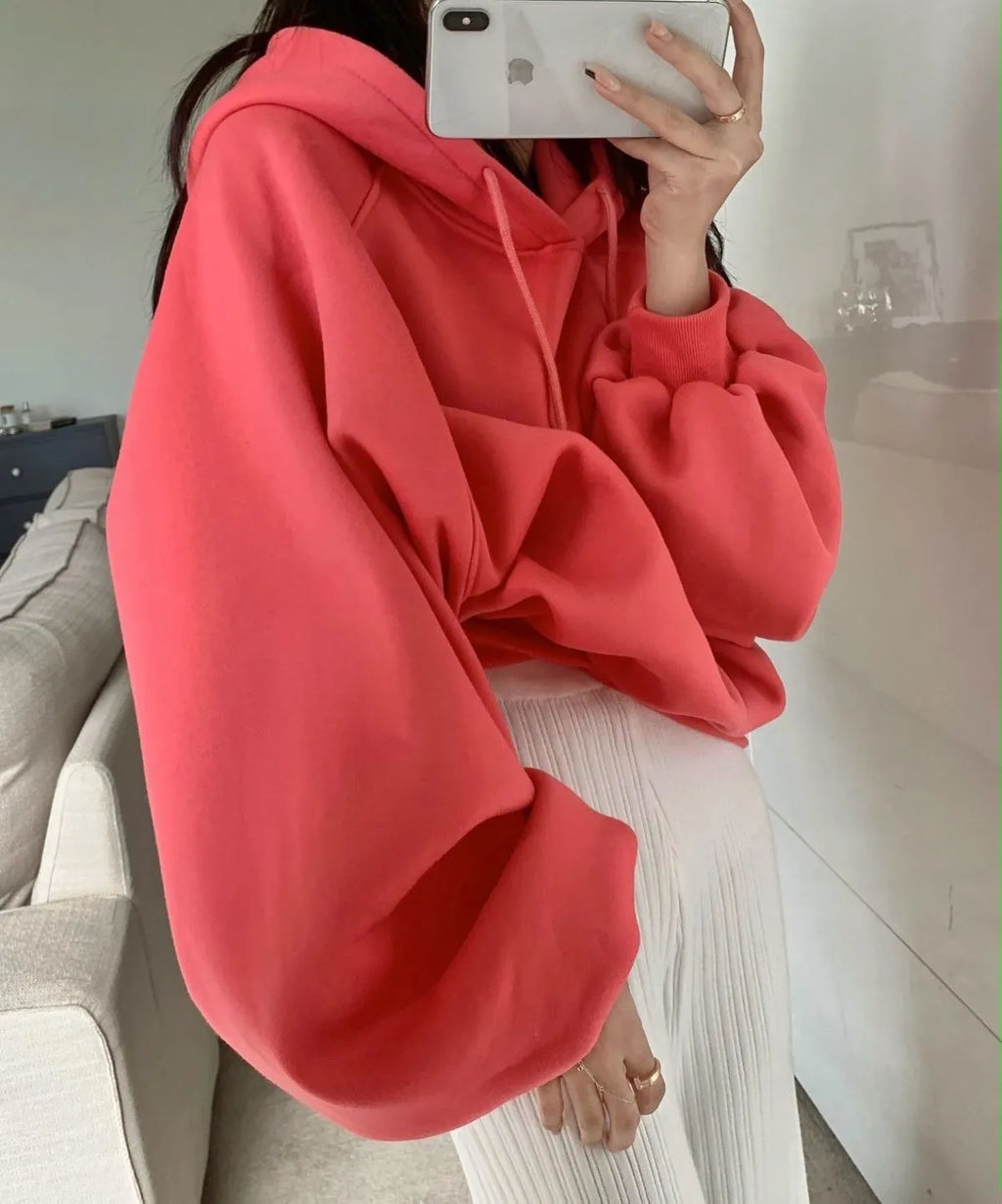 Watermelon red women's loose hooded sweater made from mulberry silk with sleeveless design