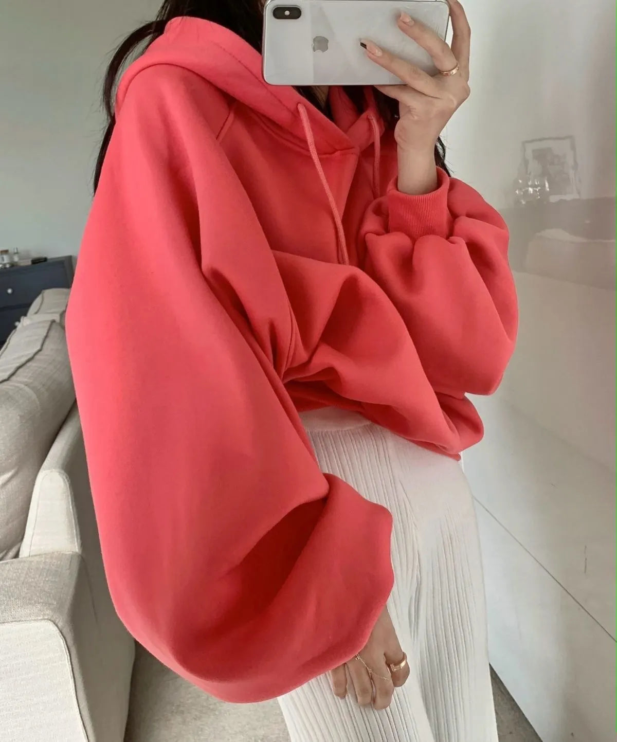 Watermelon red women's loose hooded sweater made from mulberry silk with sleeveless design