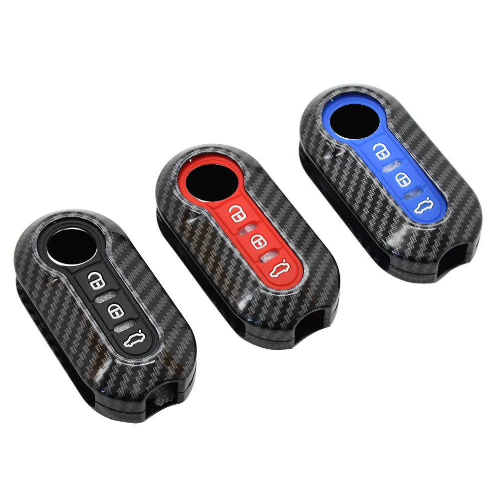 Fiat 500 Boyue Ottimo Viaggio carbon fibre pattern ABS key shell in black, red, and dark blue