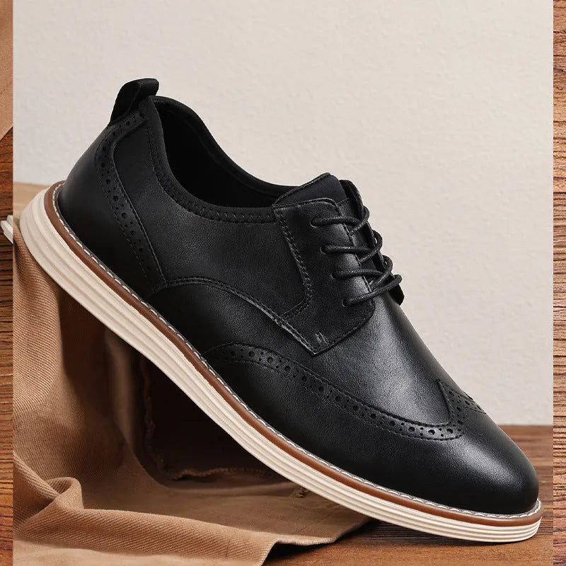 Men's black slip-on business casual shoes with round toe and low-top PU upper