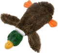 Green stuffless dog toy in wild duck design with squeakers and bottle cavity