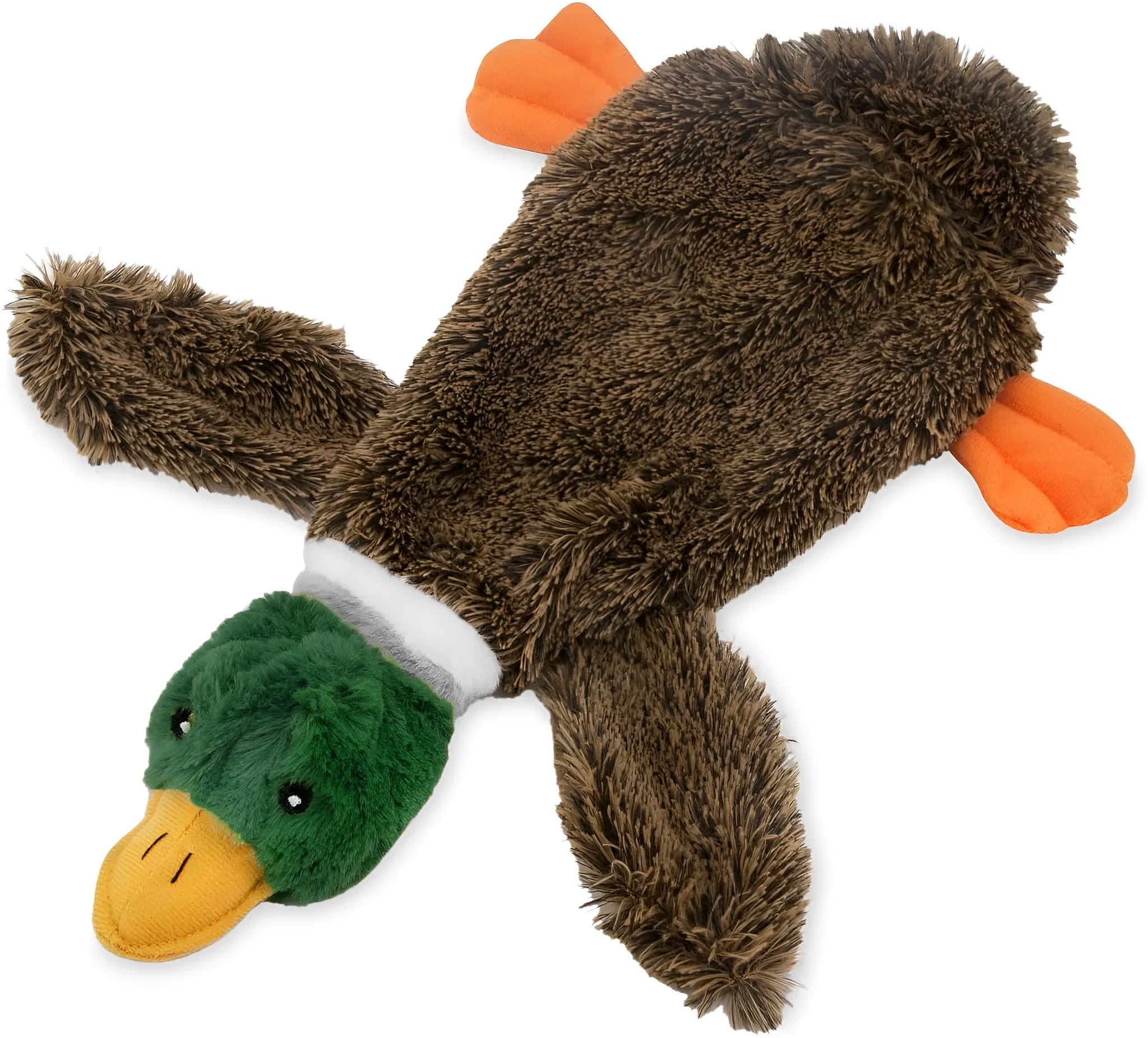Green stuffless dog toy in wild duck design with squeakers and bottle cavity