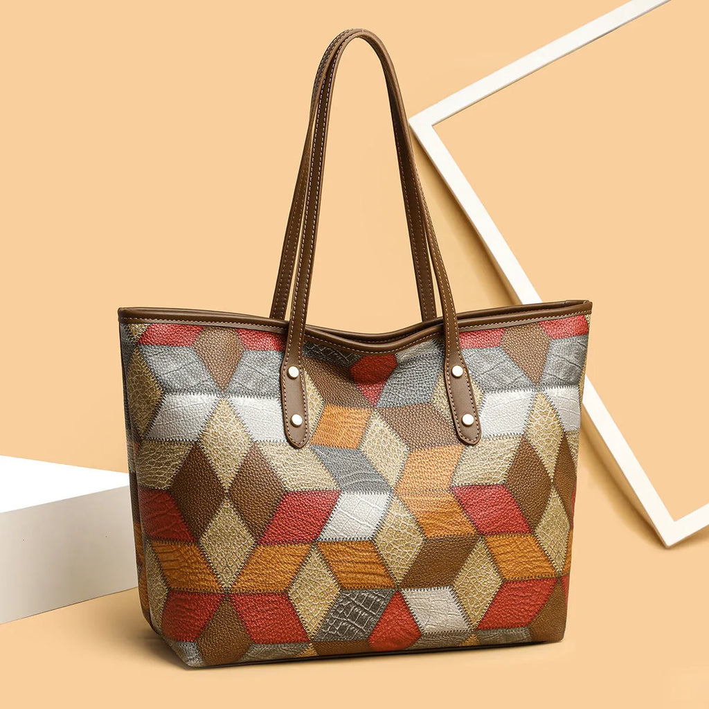 Women's blue brown PVC shoulder bag with sandwich pocket design showing interior organisation