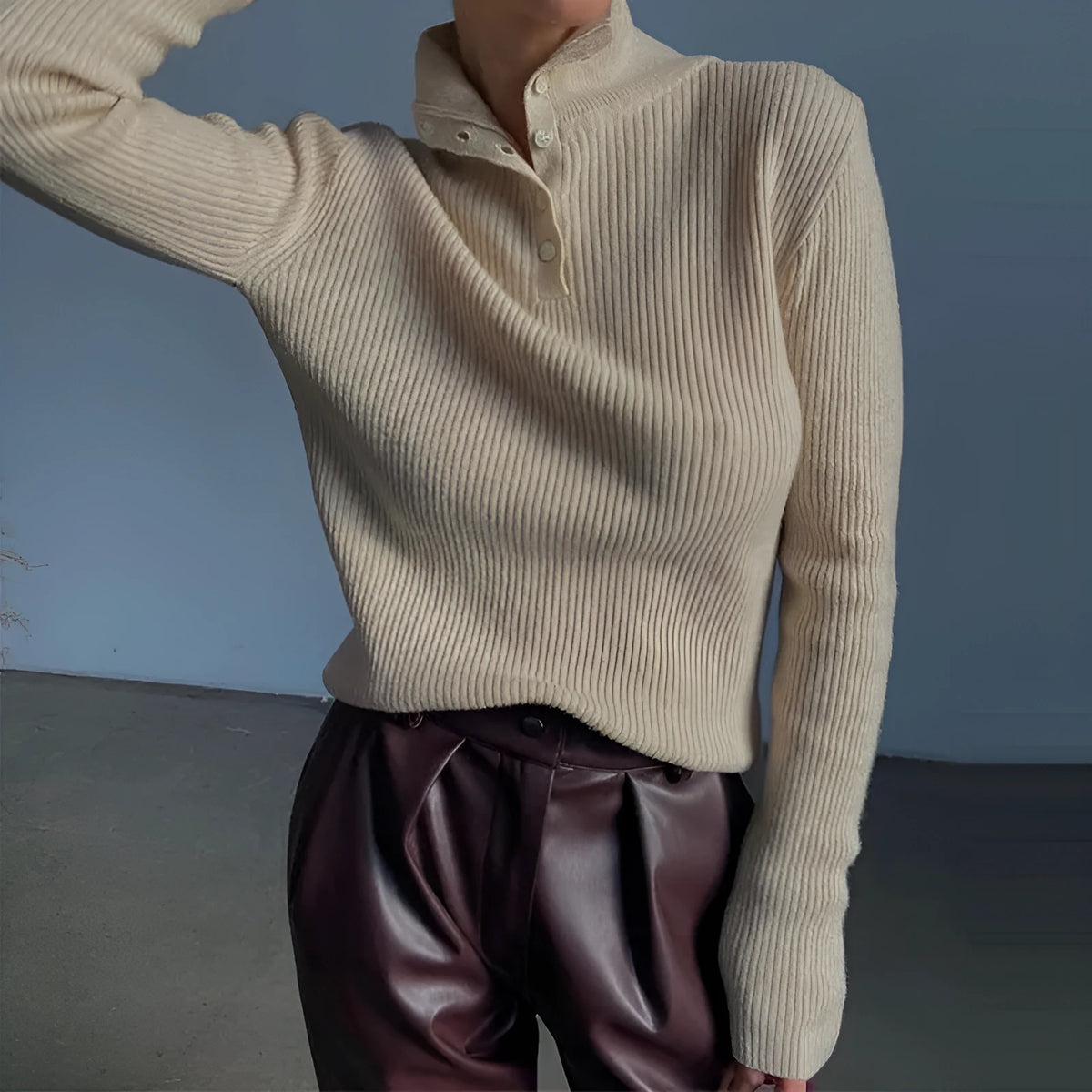 Retro breasted half turtleneck pullover sweater in slim fit, shown in silver grey colour.