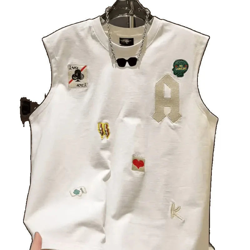 Men's white cotton sleeveless vest T-shirt with cartoon print design showing loose fit