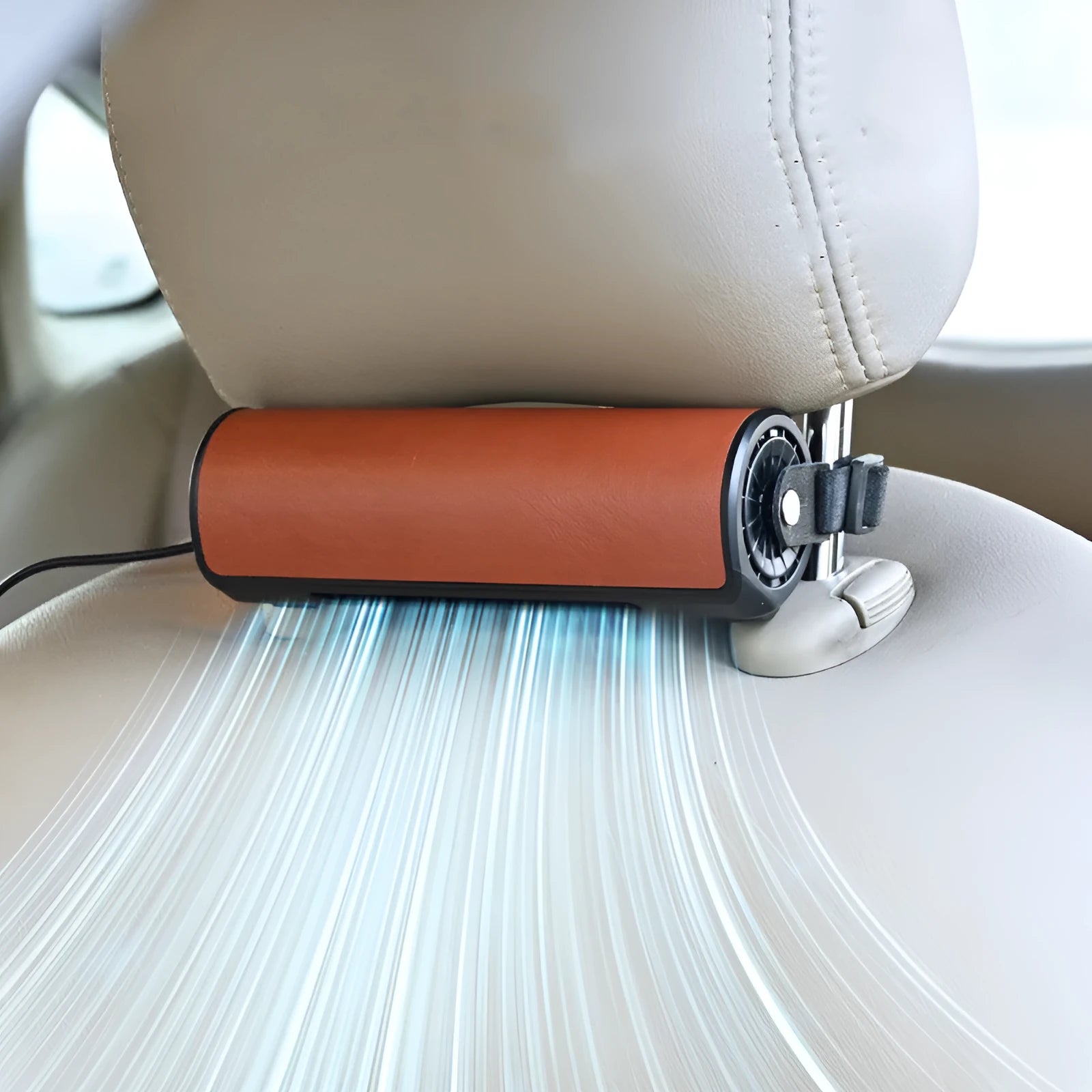 Black USB power cable with connector for a car-mounted rear seat fan.
