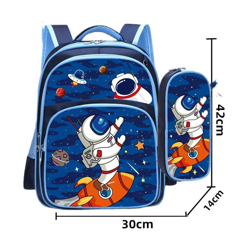 Cartoon print children's school backpack in blue colour with pencil case included
