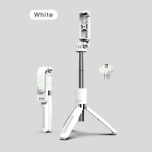 Black Bluetooth selfie stick with tripod base extended, showing wireless remote and phone mounted.