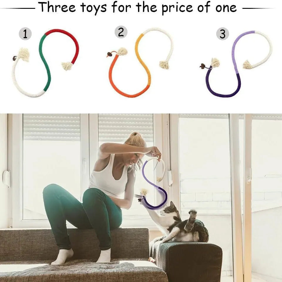 70cm long cotton string cat bite rope toy in three colours: absolute purple, all orange, and red with green