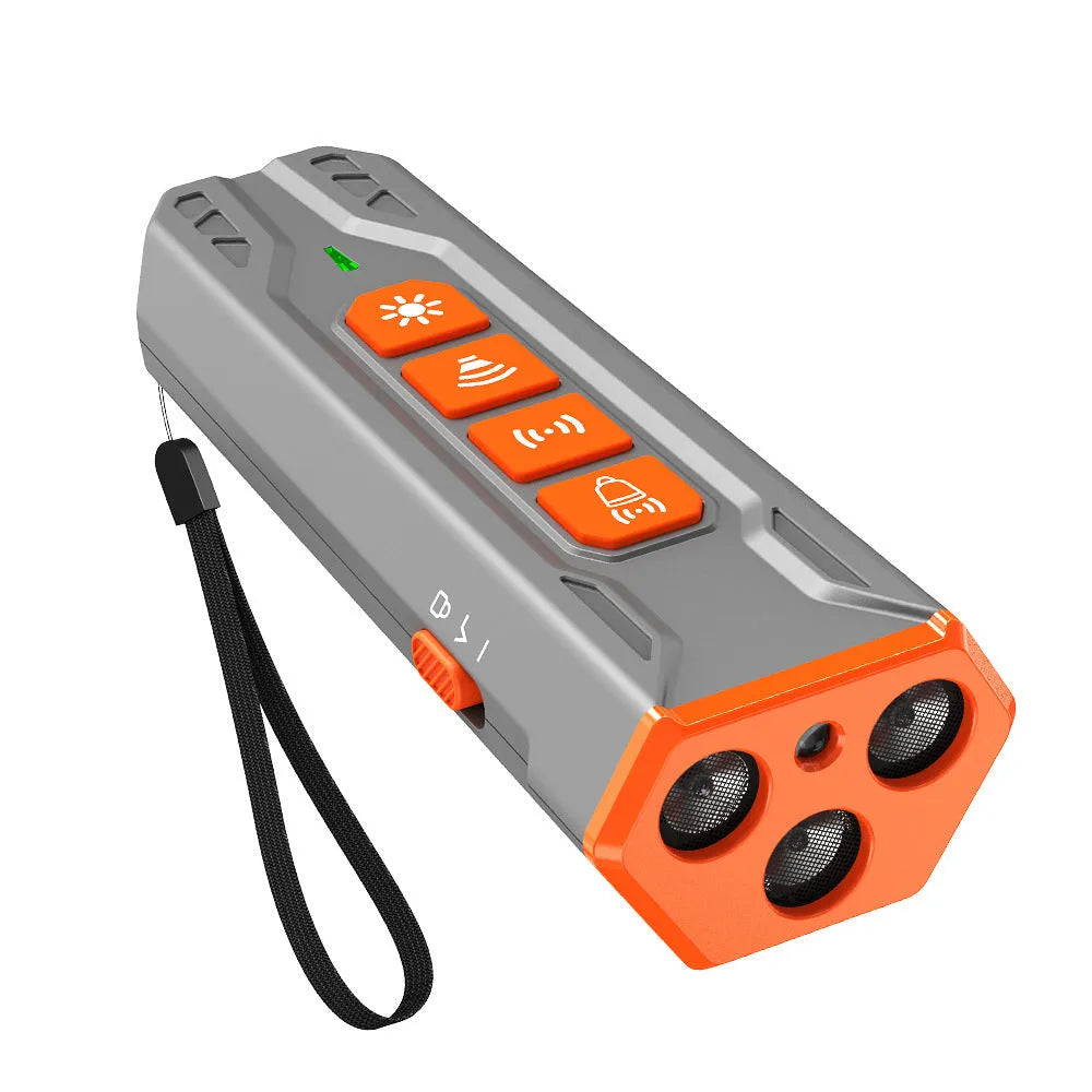 Three head ultrasonic dog trainer with security LED light in grey and orange colour scheme