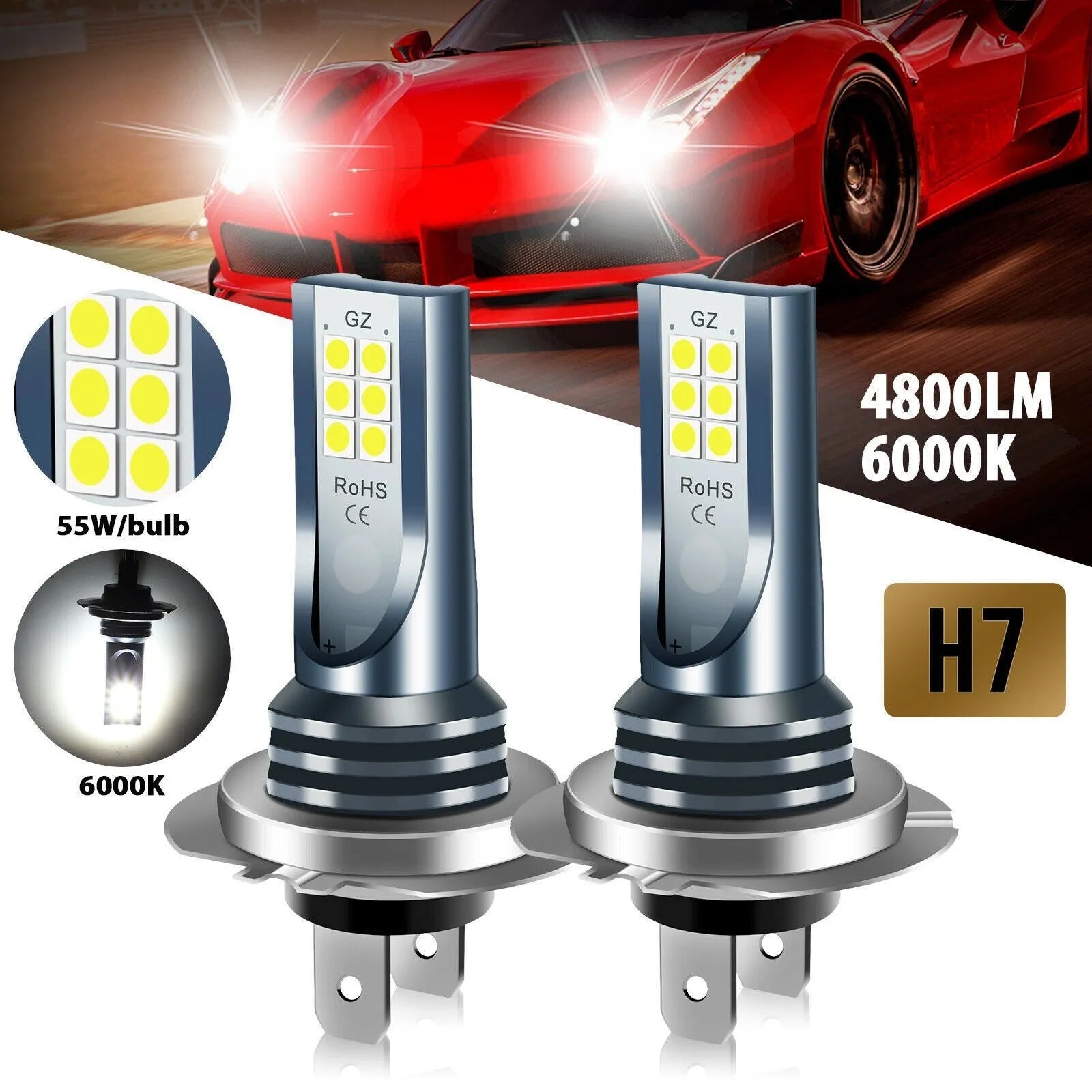 Automotive LED fog light bulb with aviation aluminium casing and 12 SMD chips.