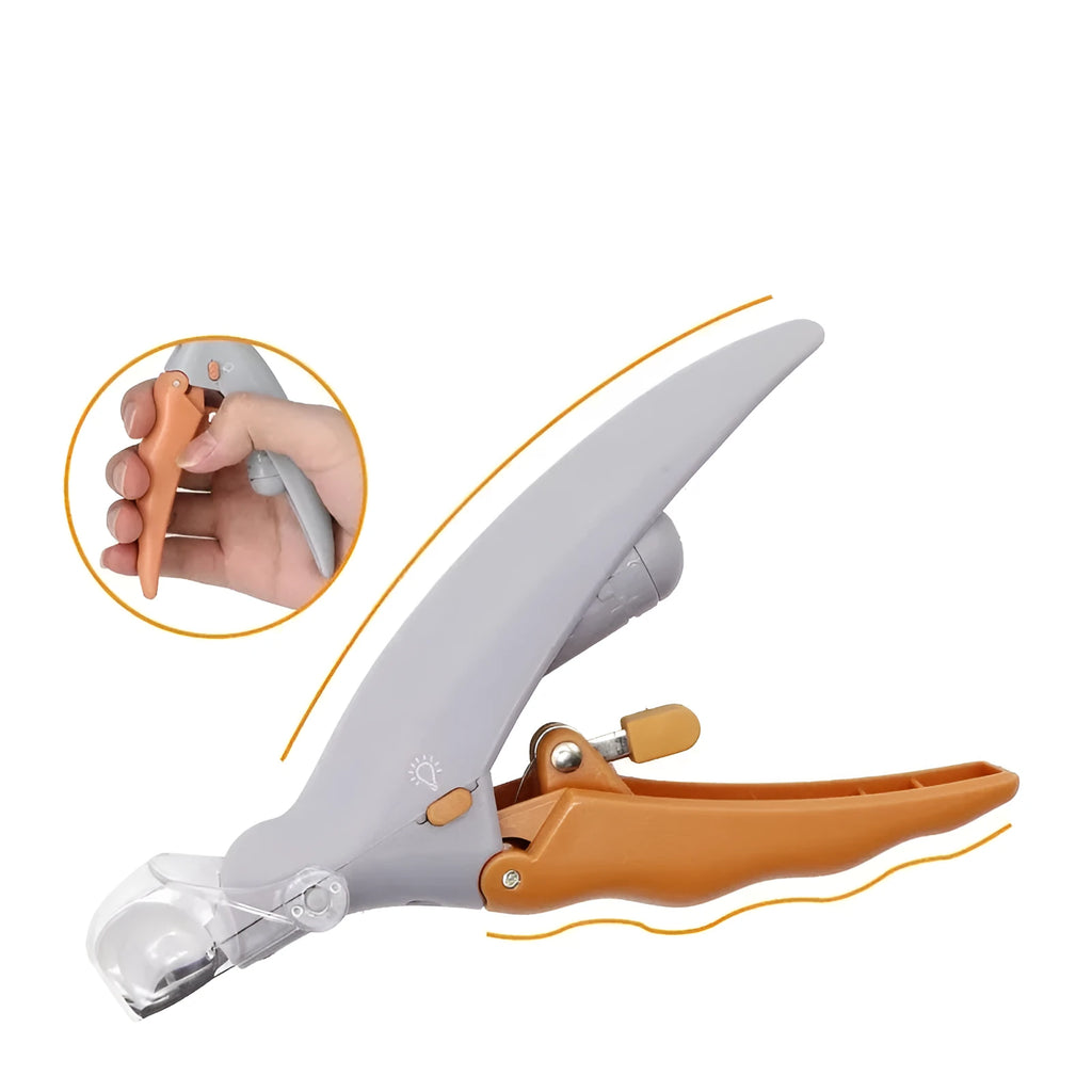 Yellow pet nail clipper with LED light, magnifying glass, and safety guard for dog and cat grooming.